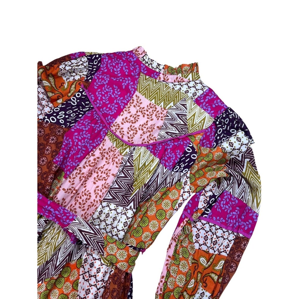 Fate Patchwork Boho Midi Maxi Dress Medium Cotton Belted Tiered Pockets 50" - Picture 12 of 13